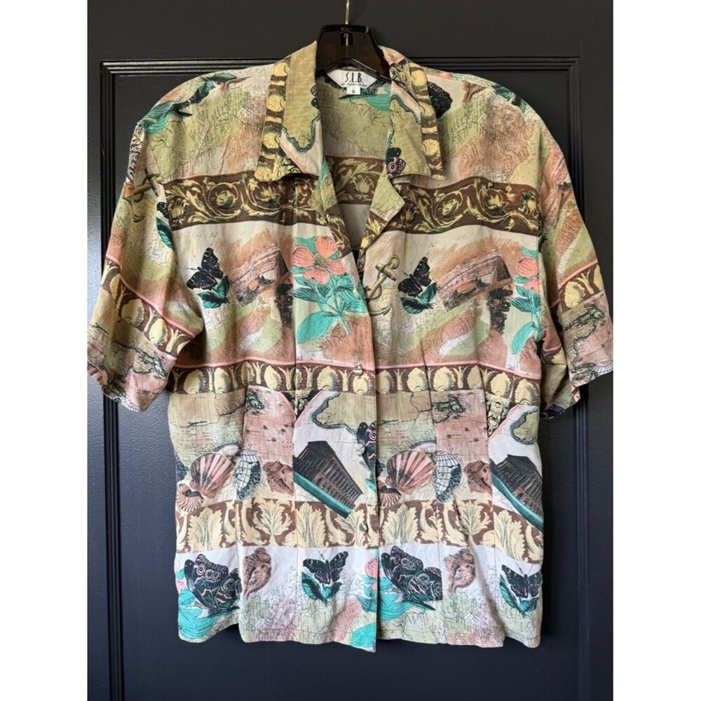 S.L.B. Women’s SILK Vintage Short-Sleeve Button-Down Shirt w/Botanical Print
